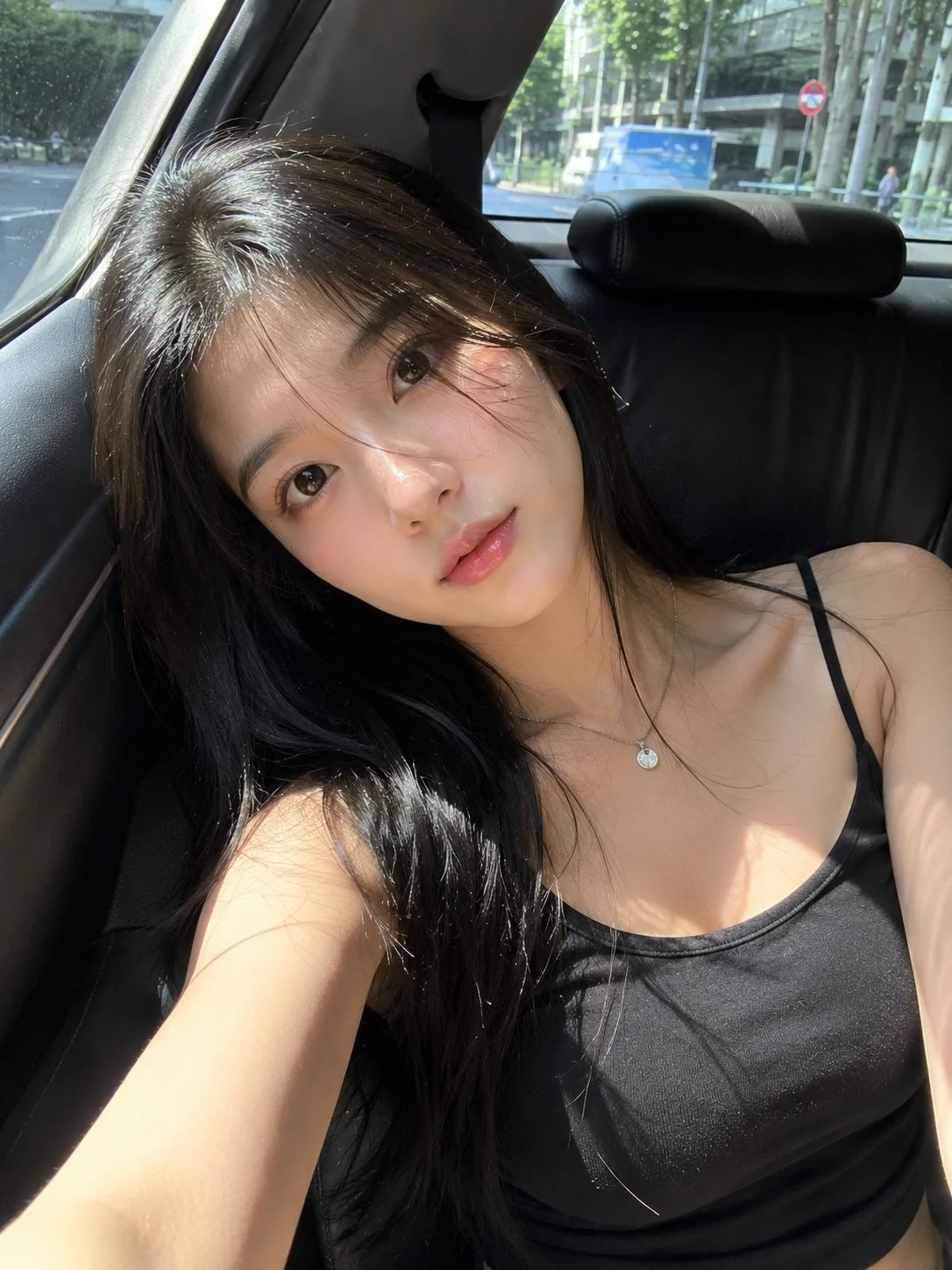 Ultra realistic japanese woman smartphone car selfie — After