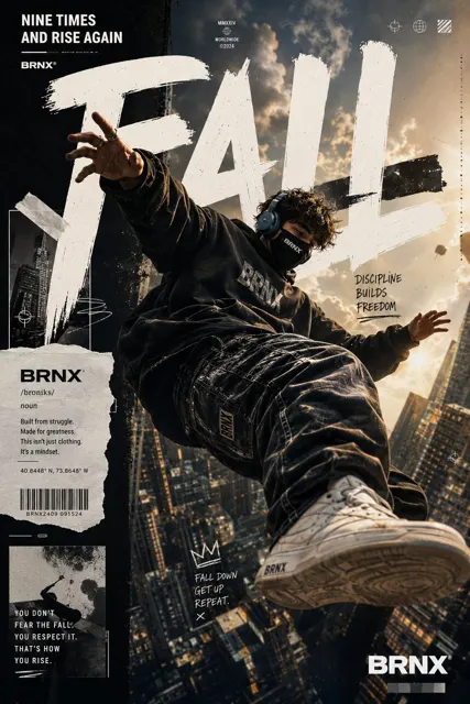 Premium streetwear fashion poster futuristic urban skyline