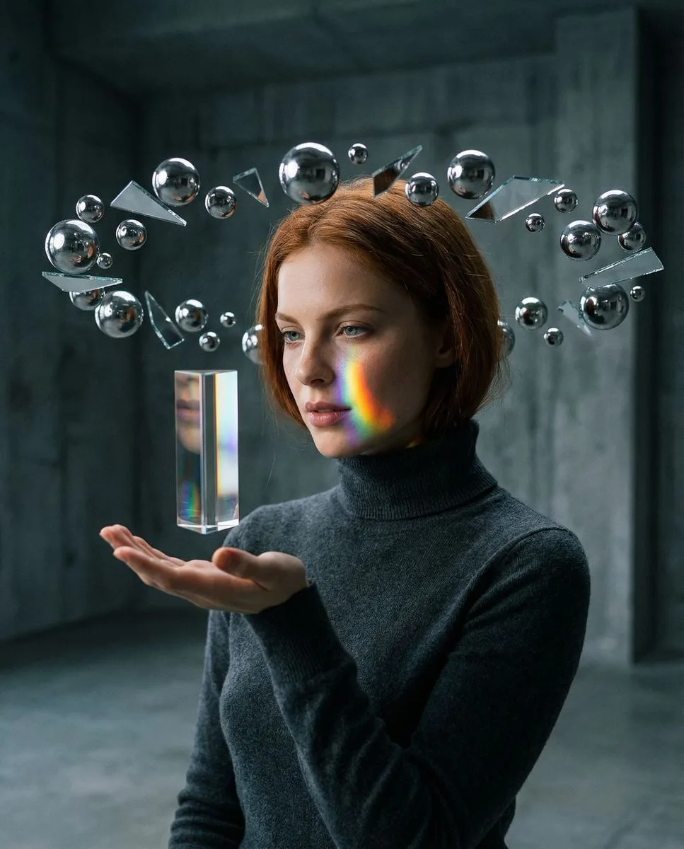 Floating chrome prism surrealism — After