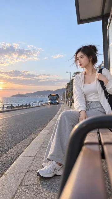 Seaside bus stop chinese model candid portrait