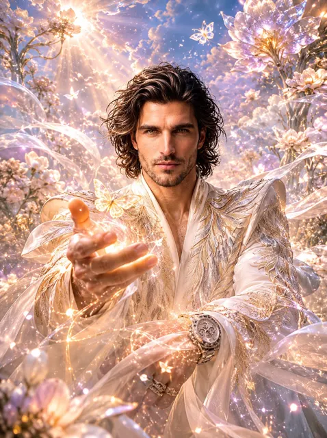 Dreamlike fantasy glowing flowers ethereal boy