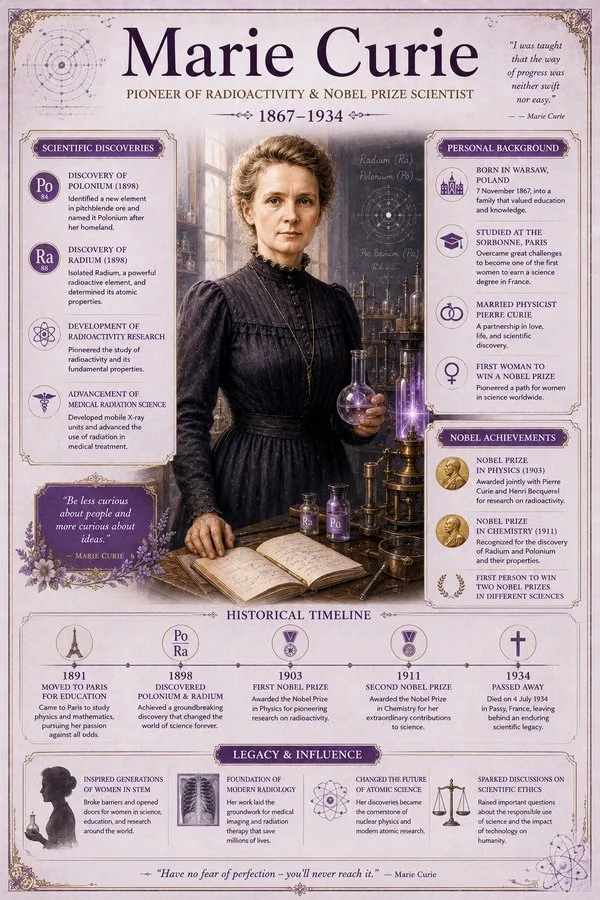 Premium vintage style educational infographic of marie curie — After