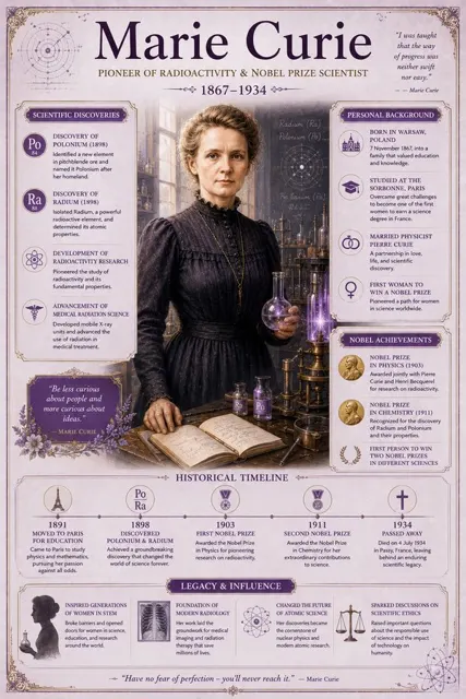 Premium vintage style educational infographic of marie curie