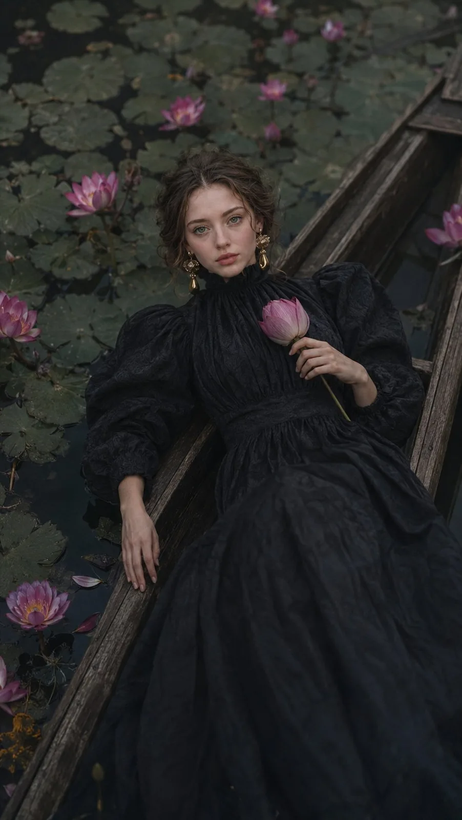Avant garde dark romantic fashion shoot lotus pond — After