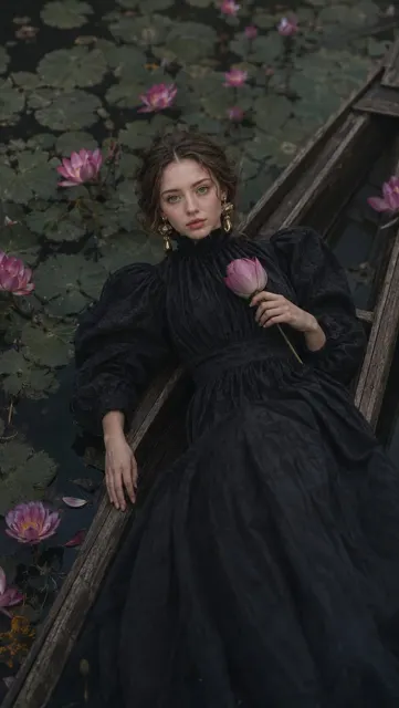 Avant garde dark romantic fashion shoot lotus pond