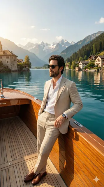 Alpine lake luxury yacht gentleman