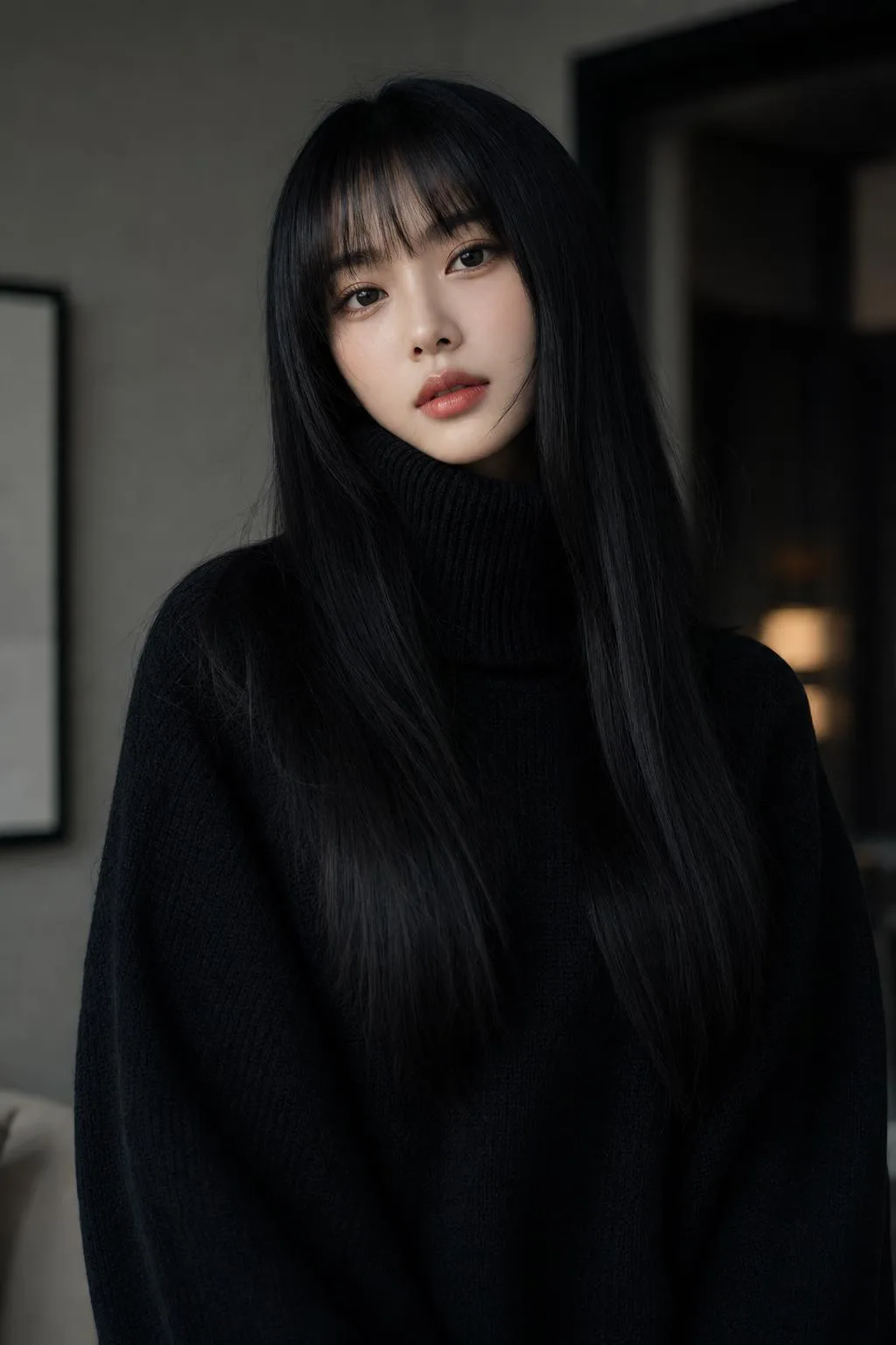 Ultra photorealistic high fashion portrait woman black turtleneck — After