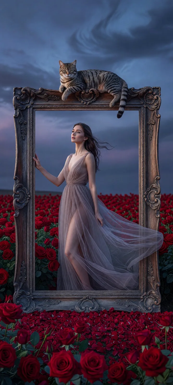 Cinematic surreal woman rose field antique frame — After