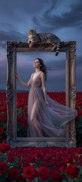 Cinematic surreal woman rose field antique frame