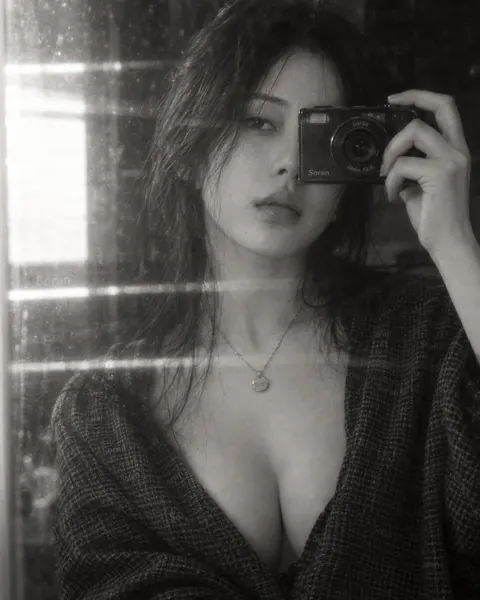 Bw mirror selfie east asian woman vintage aesthetic