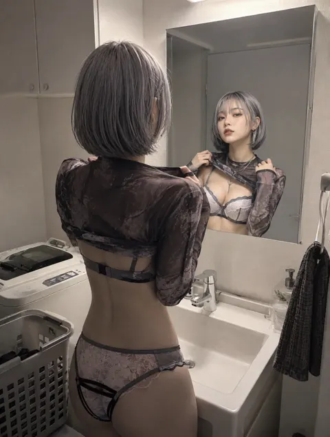 Washstand mirror reflection pulling up shirt