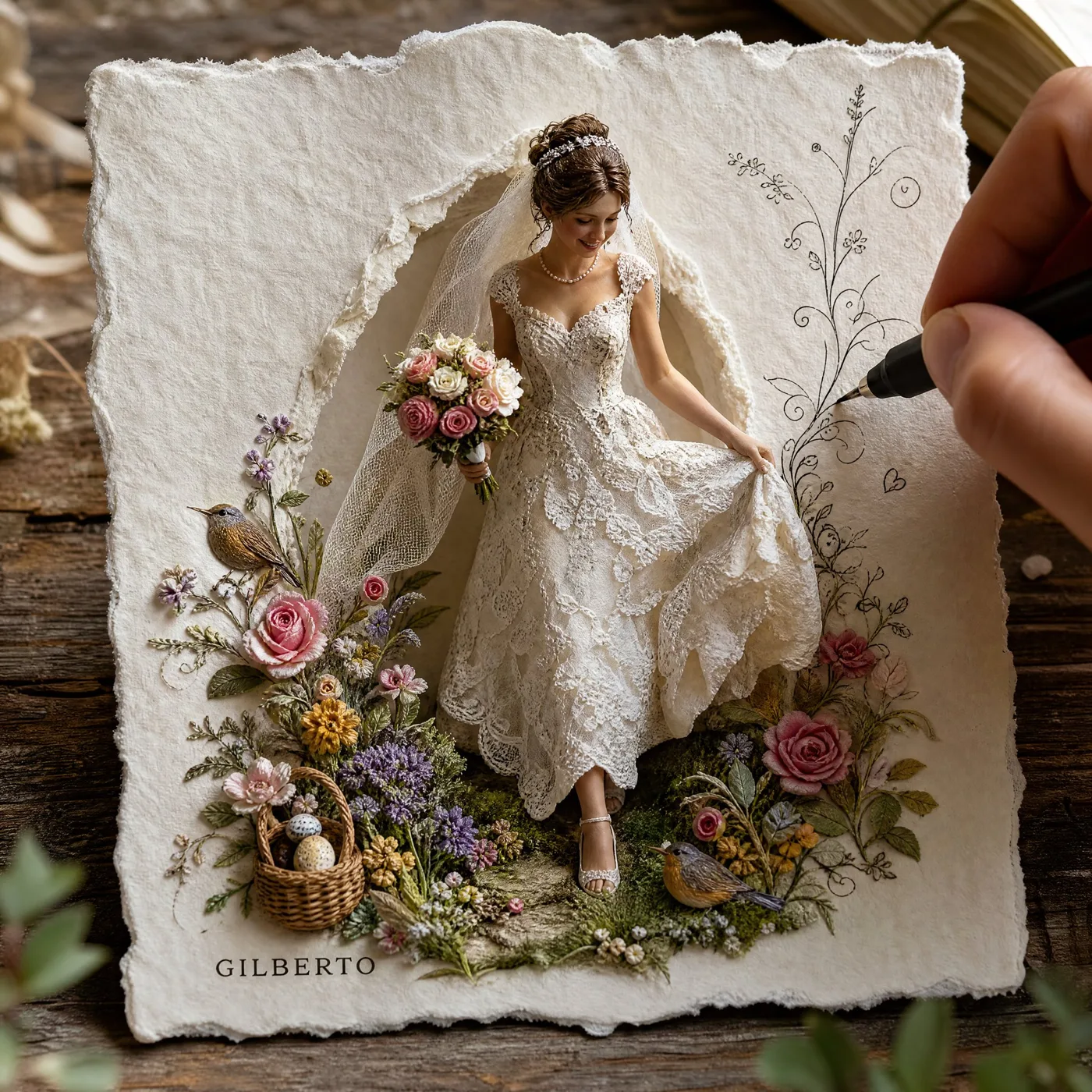3d relief miniature bride handmade paper art — Sonra