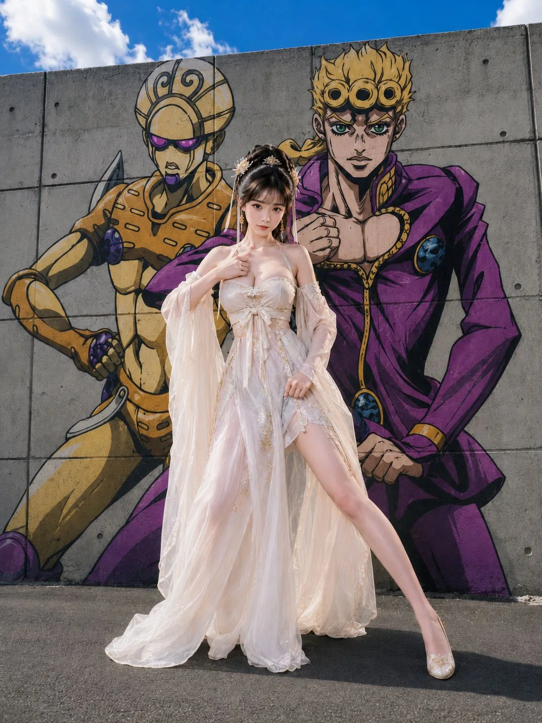 Real person imitating anime mural street portrait — After