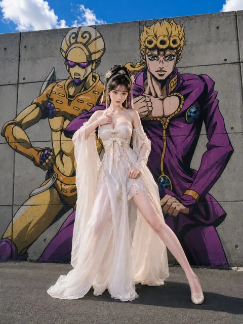 Real person imitating anime mural street portrait