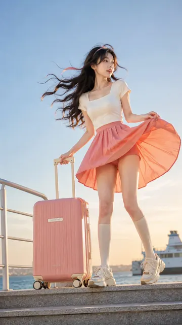 Summer travel woman suitcase portrait