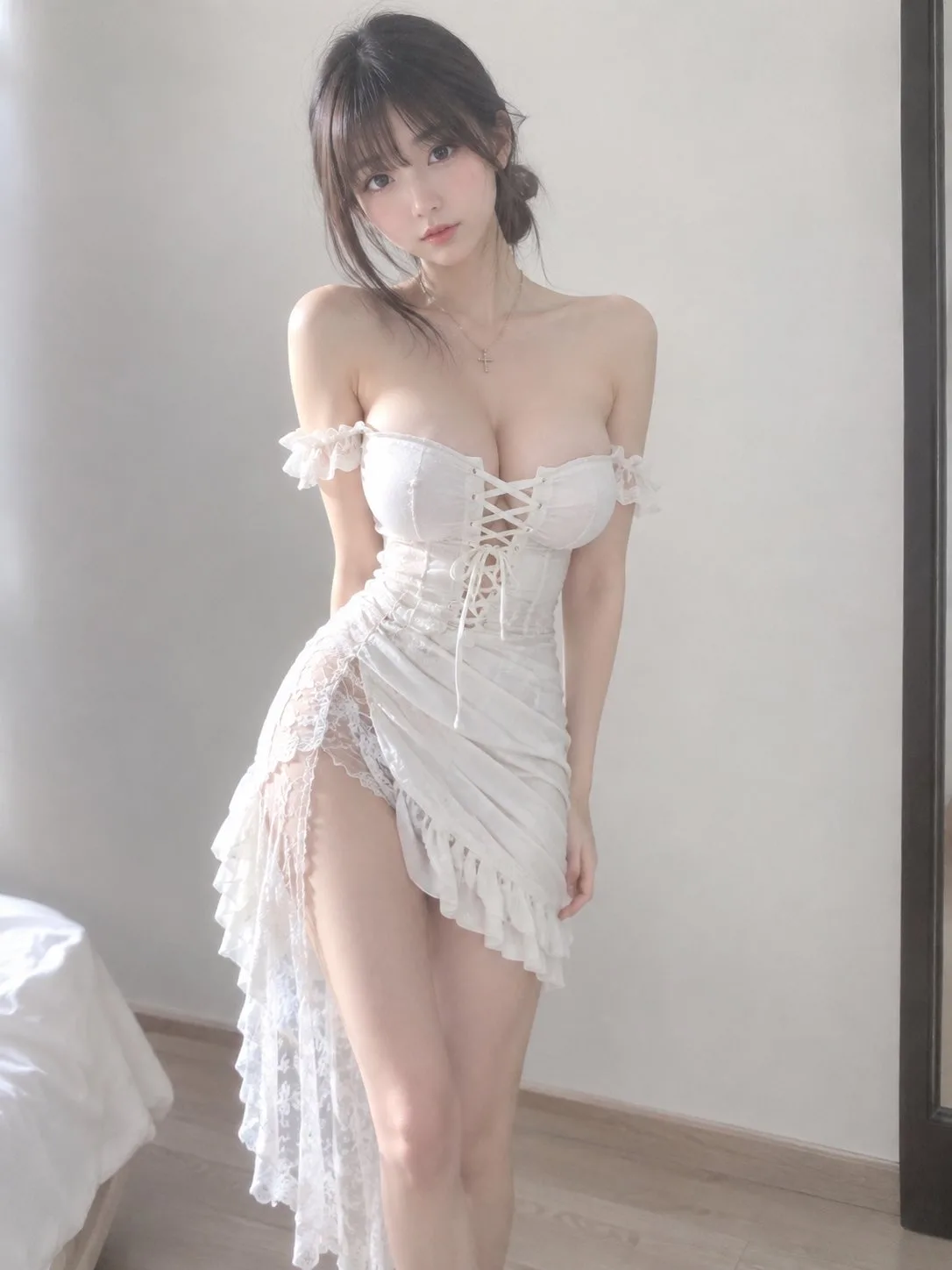 Hyper realistic japanese soft light white lace dress portrait — After