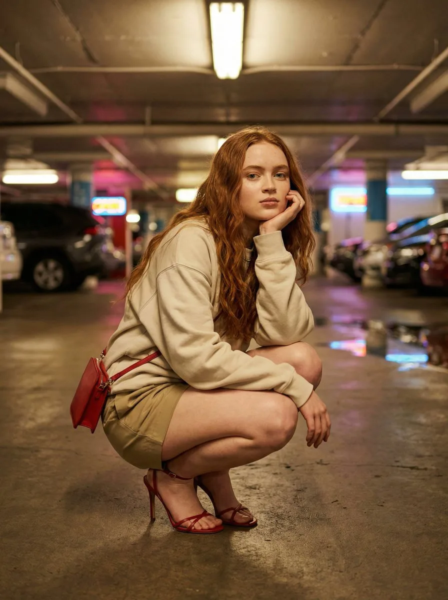 Neon pink fashion in underground garage — After