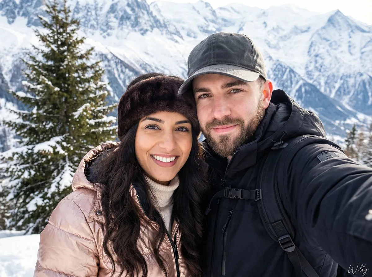 Snowy peak couple selfie — Sonra