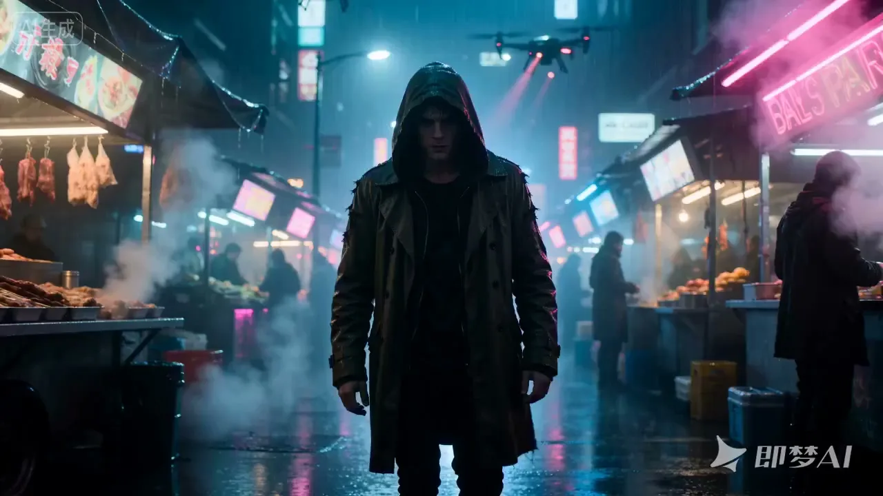 Cyberpunk rainy night hacker action — After
