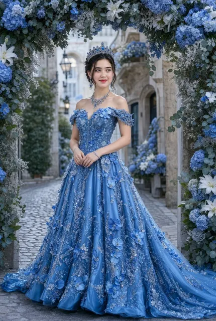 Cerulean blue silk gown floral arch fashion model
