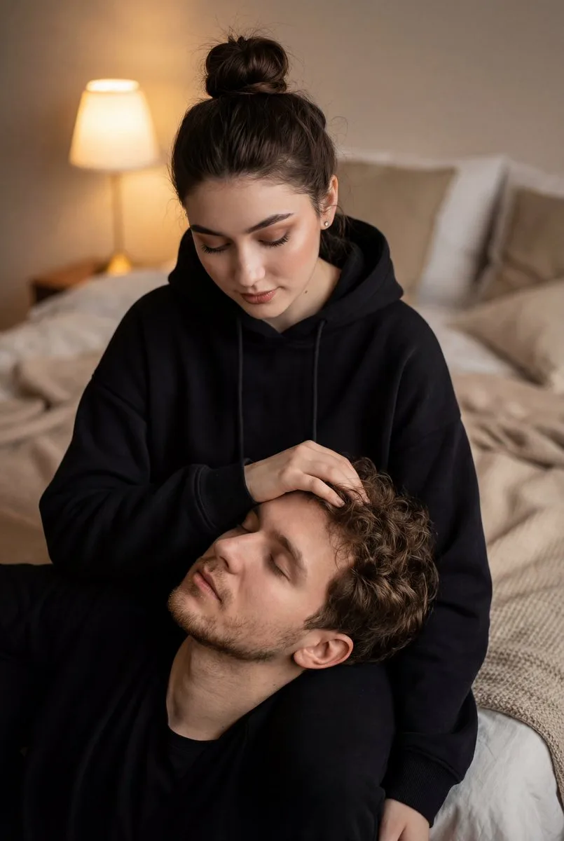 Warm bedroom gentle lap pillow time — Sonra