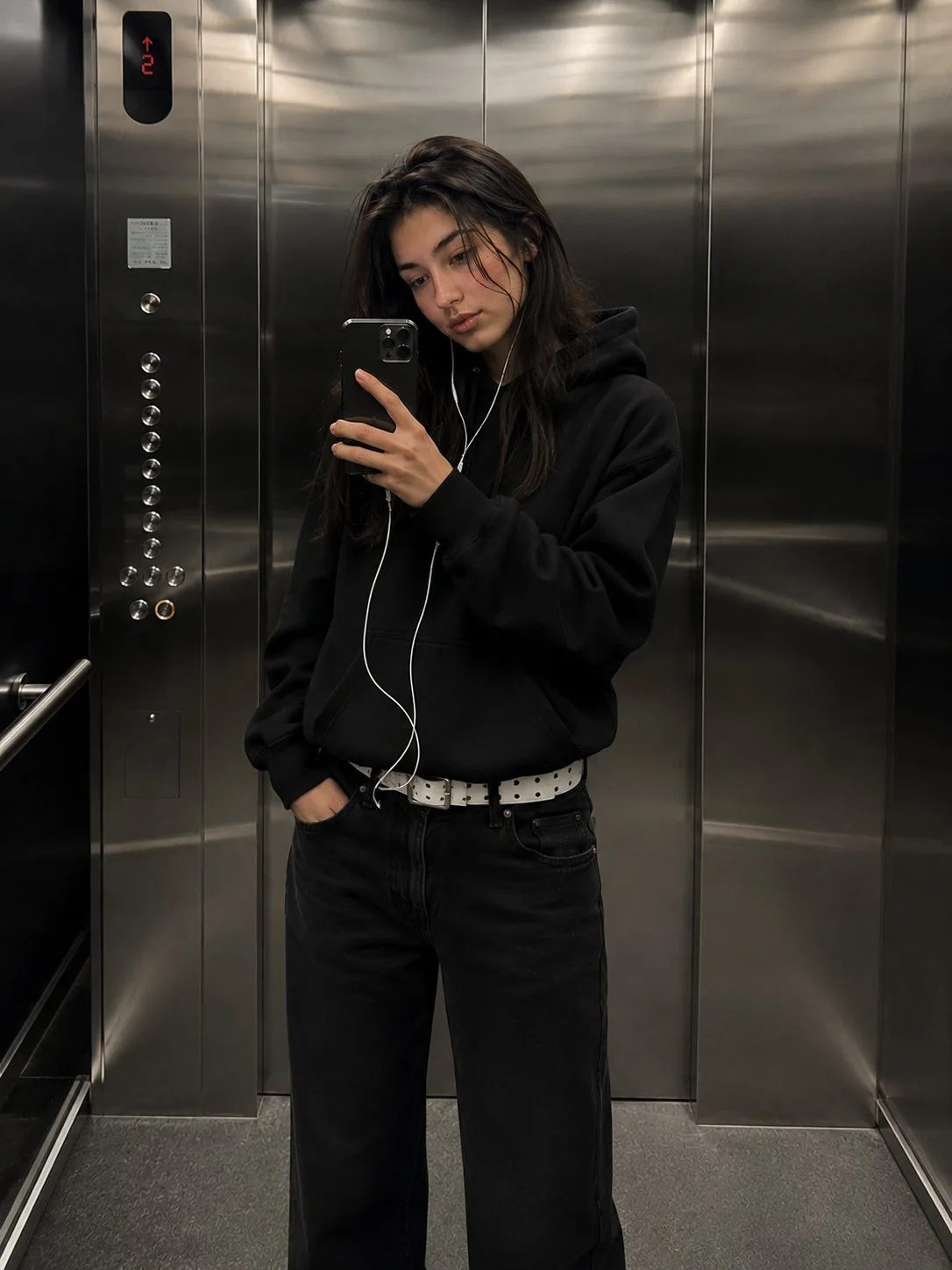 Ultra realistic cinematic elevator mirror selfie street fashion — After
