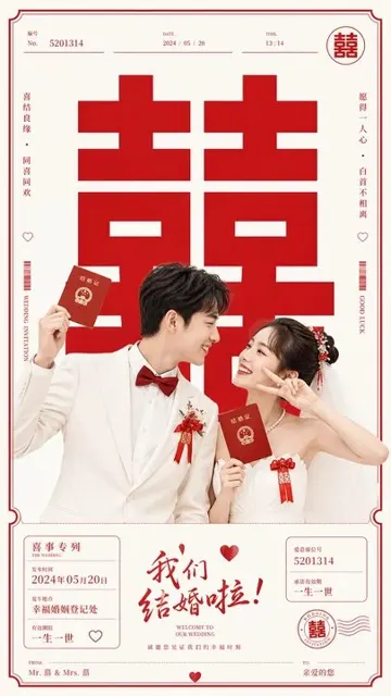Minimalist bright wedding double happiness poster