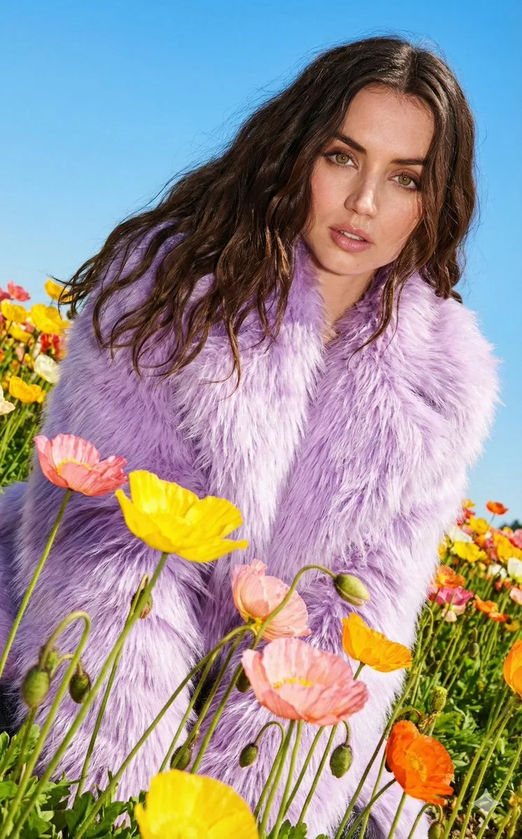Vibrant poppy field lavender fur fashion — After