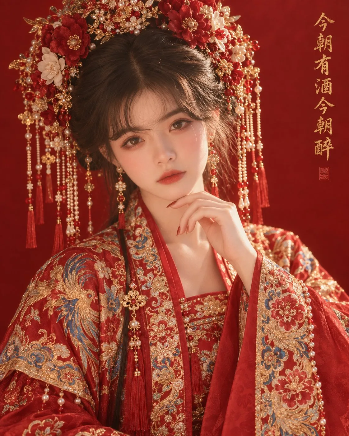 Traditional chinese wedding portrait red background — Sonra
