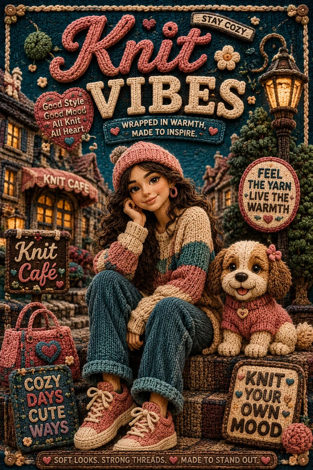 Premium cinematic knitted wool stop motion poster — Sonra