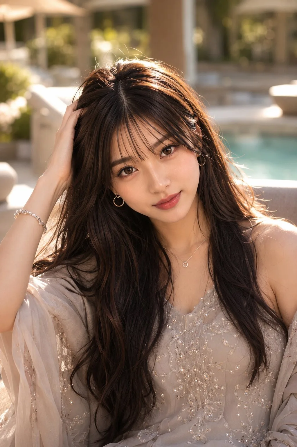 Ultra photorealistic chestnut hair woman luxury resort — Sonra