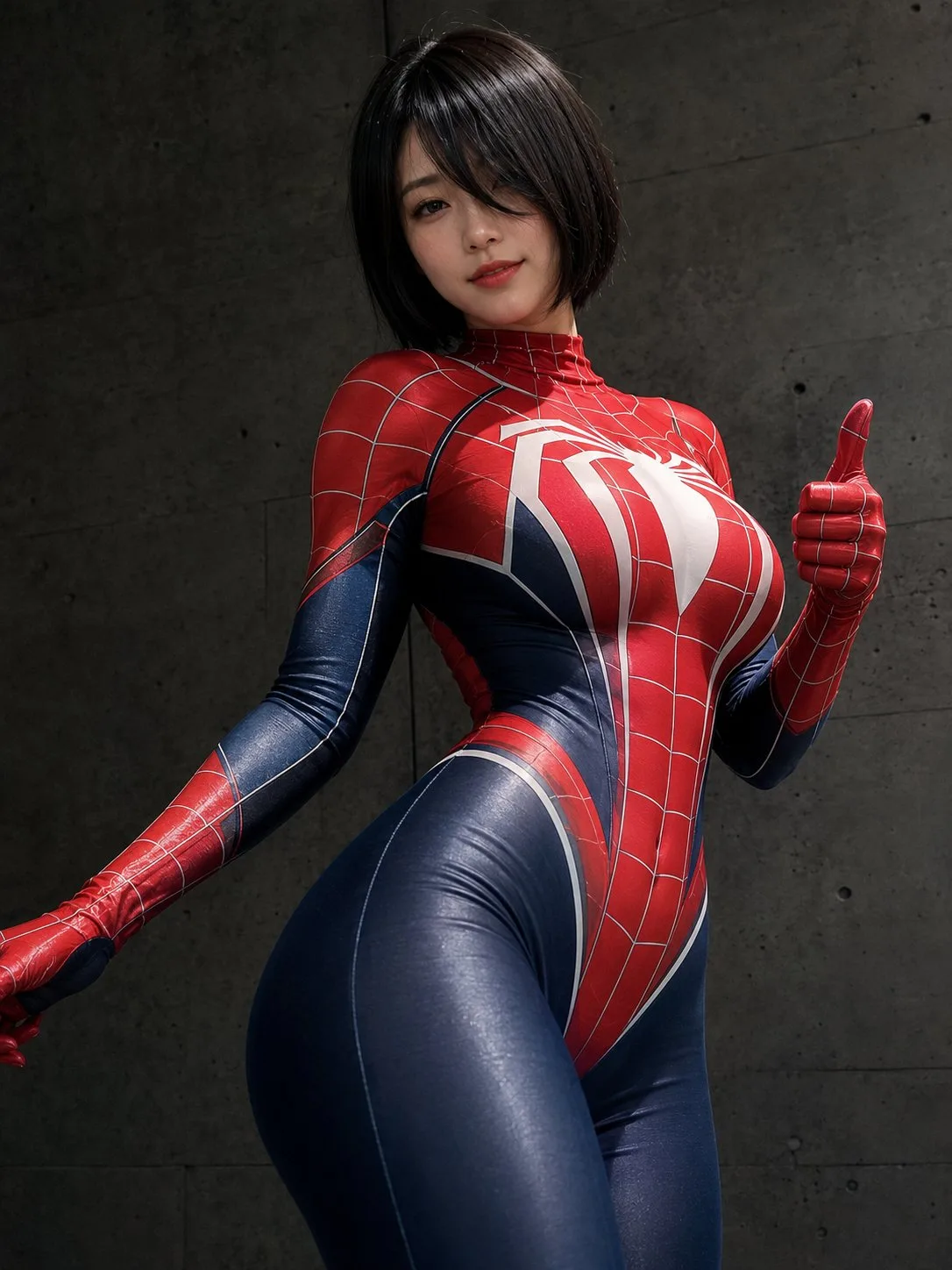 Photorealistic east asian woman spider cosplay low angle — After
