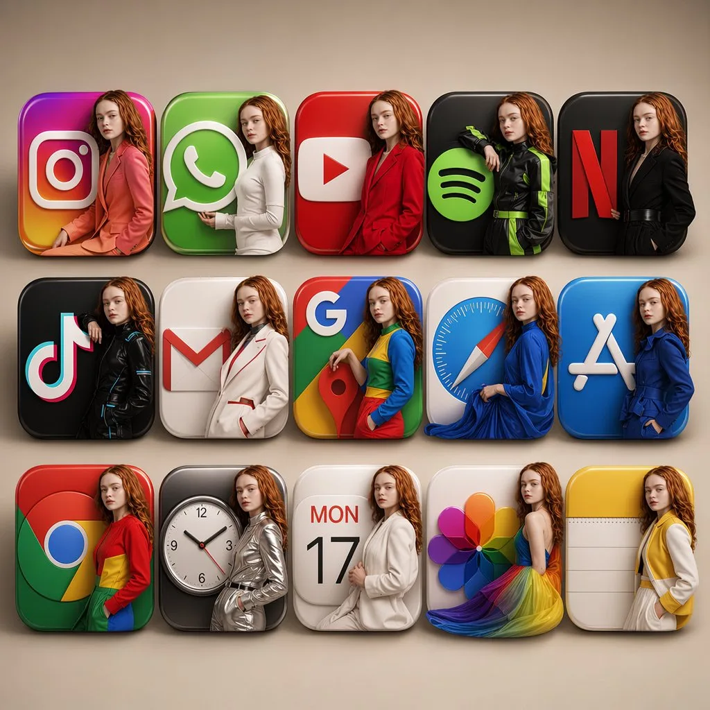 Ultra realistic 3d mobile app icons luxury girl — After