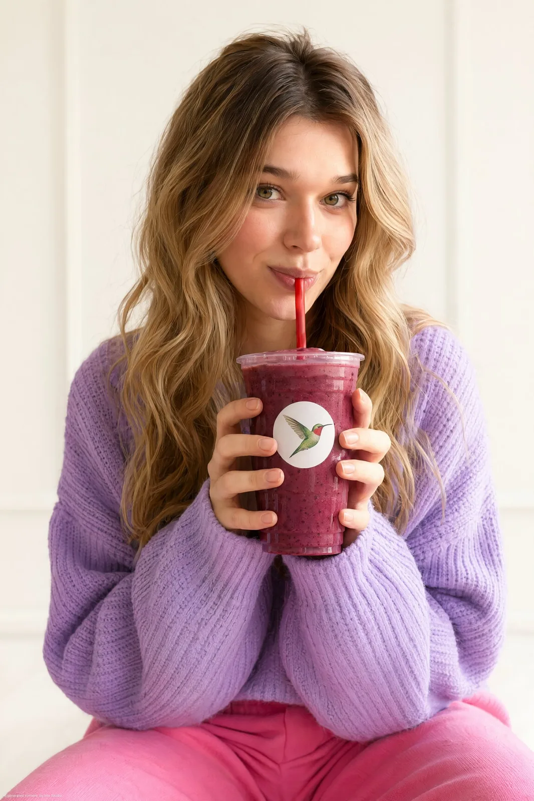 Young woman berry smoothie studio portrait — Sonra