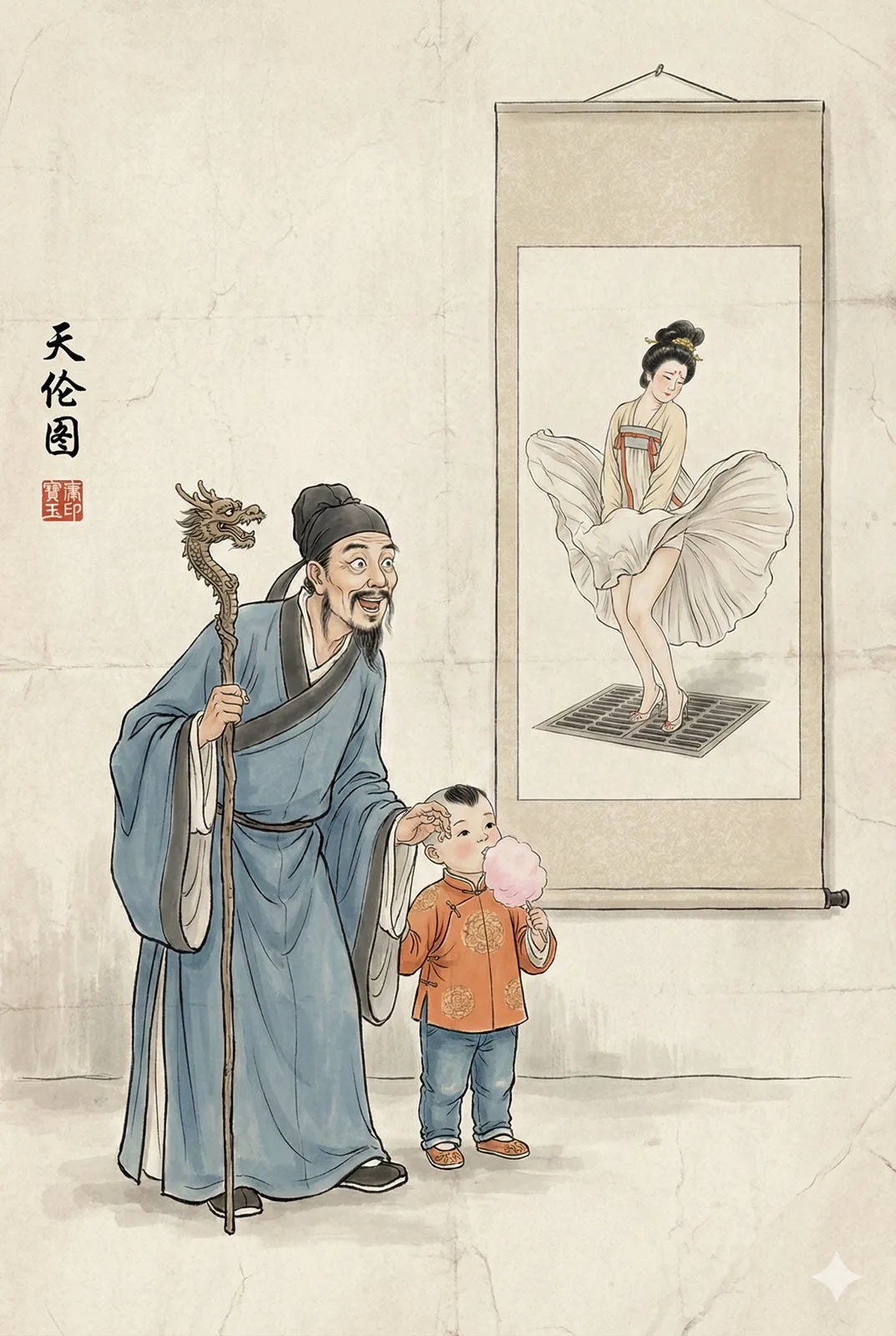 天伦图趣味水墨画 — After