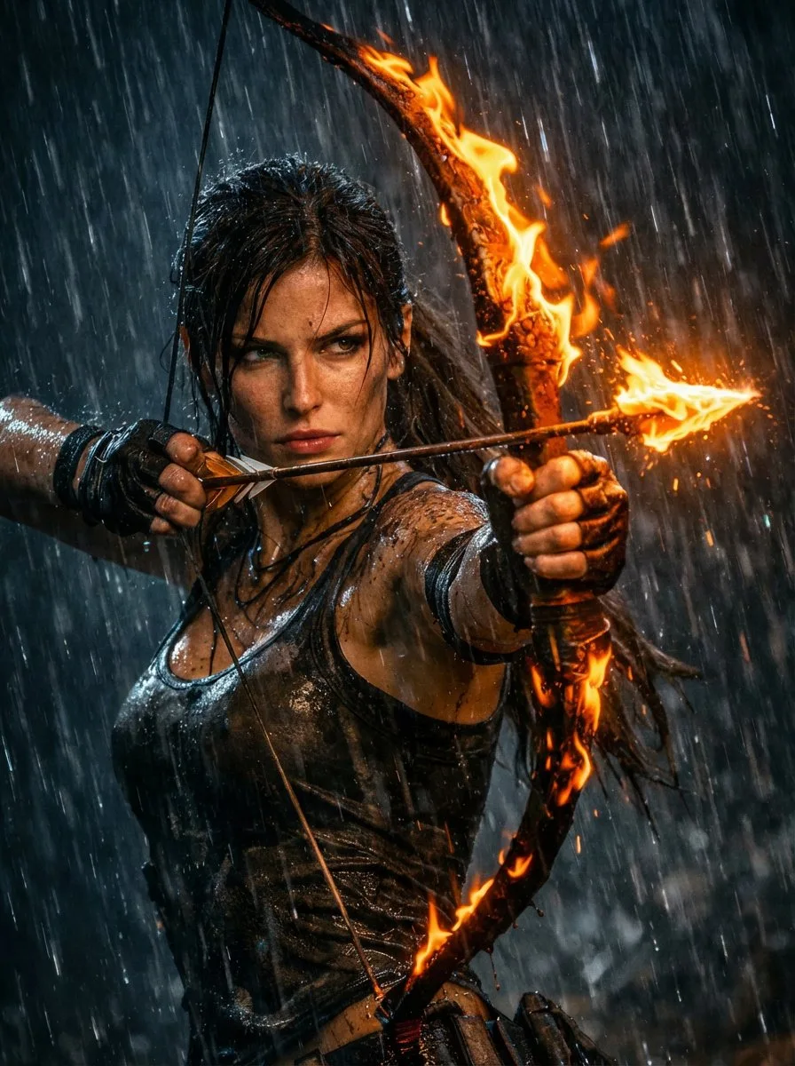 Lara croft rainy night fiery bow — After