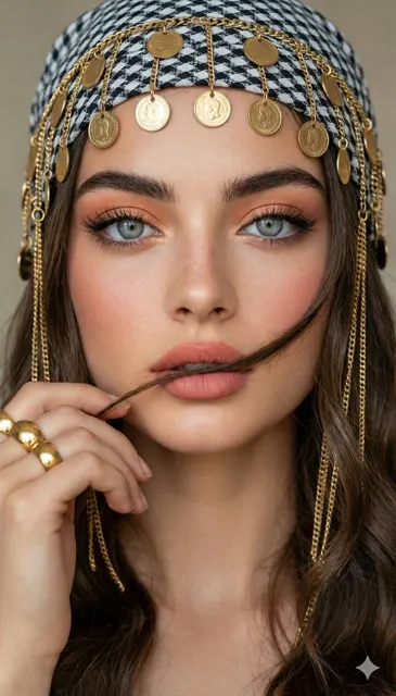 Grey blue eyes gold headscarf