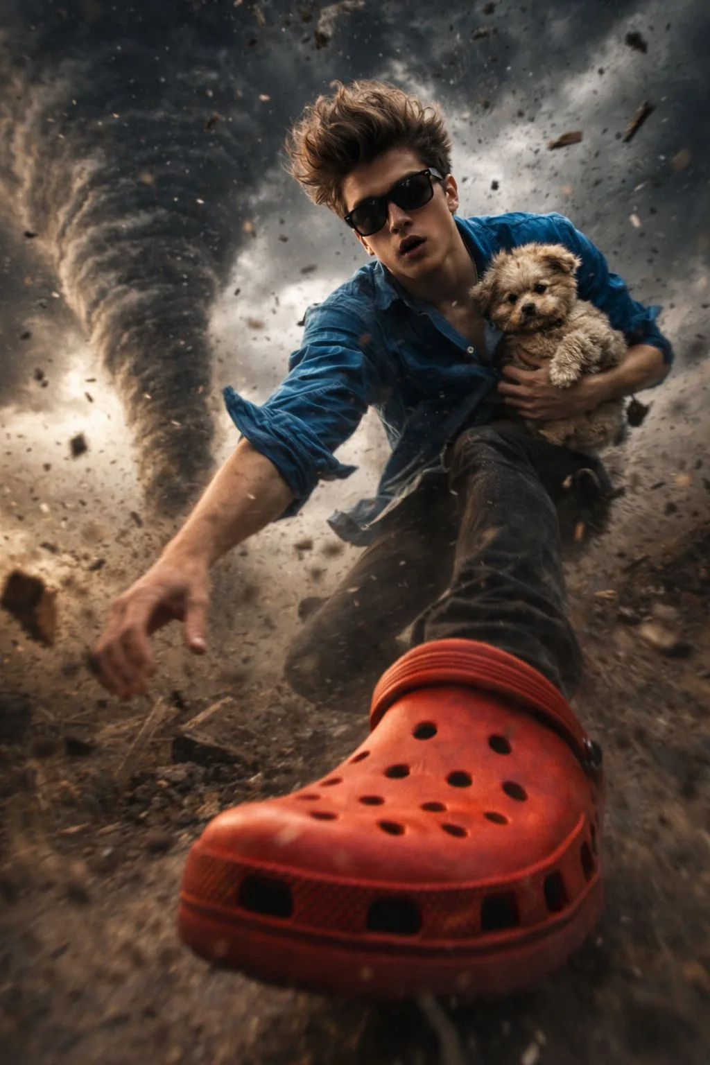Surreal tornado blue shirt red crocs — Sonra