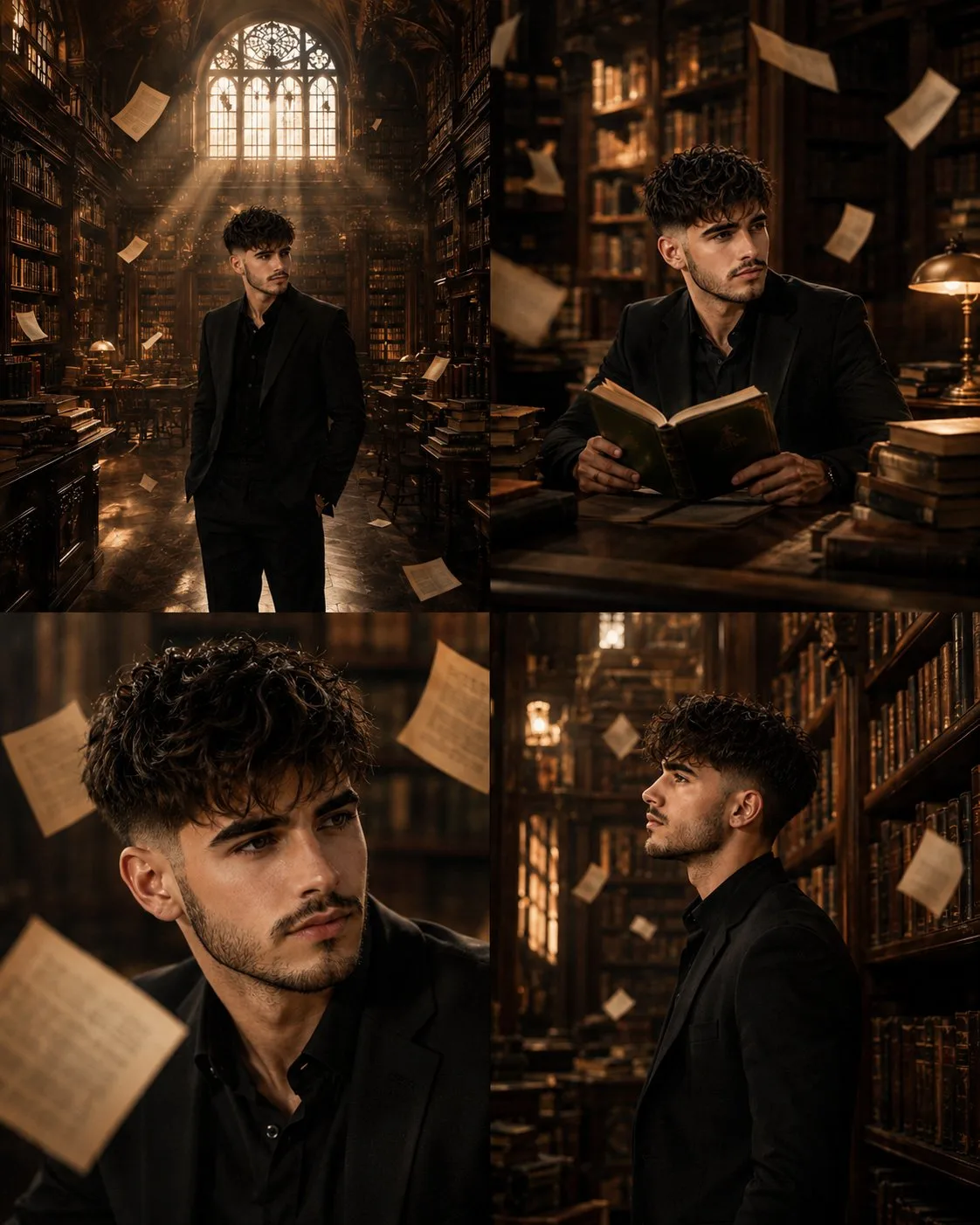 Surreal library portrait floating book pages — Sonra