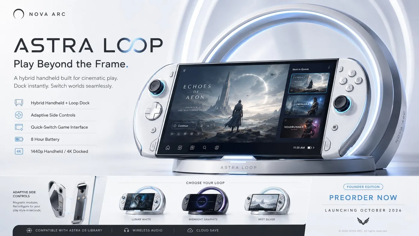 Fictional gaming console handheld ad prompt — Sonra