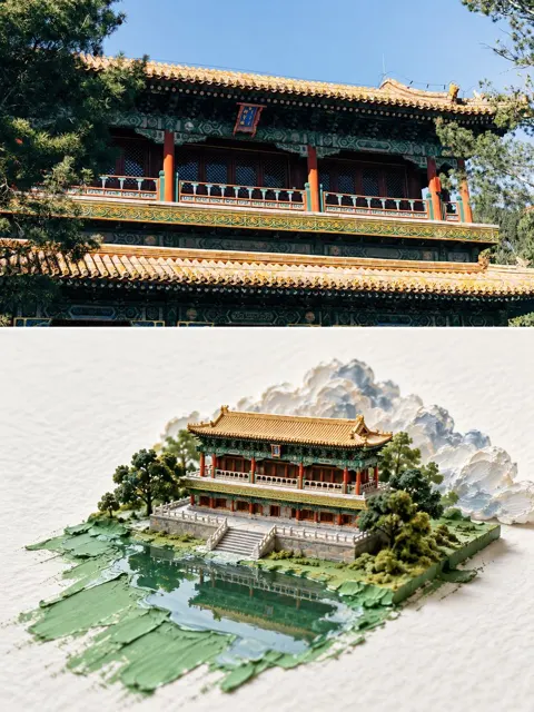 Architectural photo to miniature 3d model comparison
