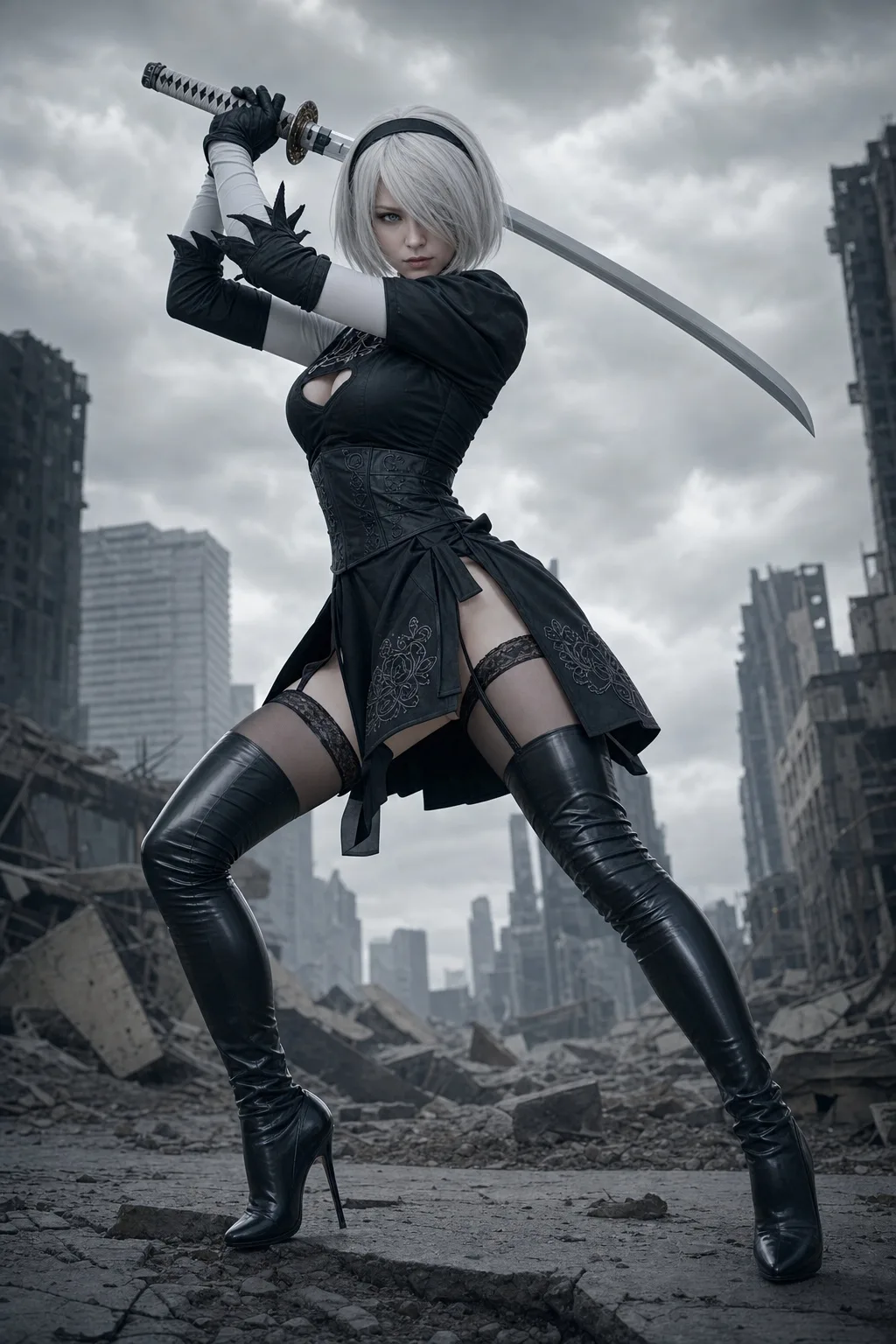 Sweet japanese idol face 2b battle pose ruined city — Sonra