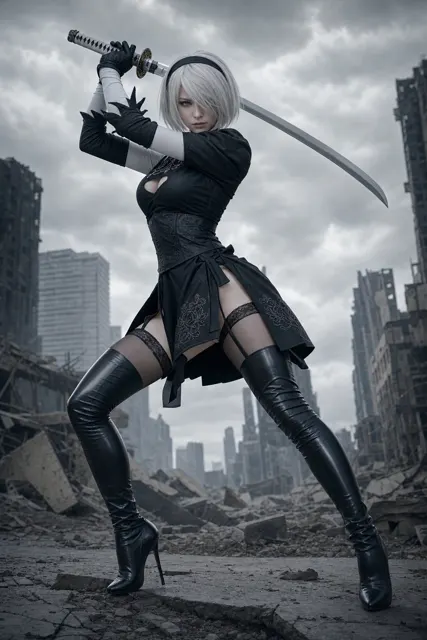 Sweet japanese idol face 2b battle pose ruined city