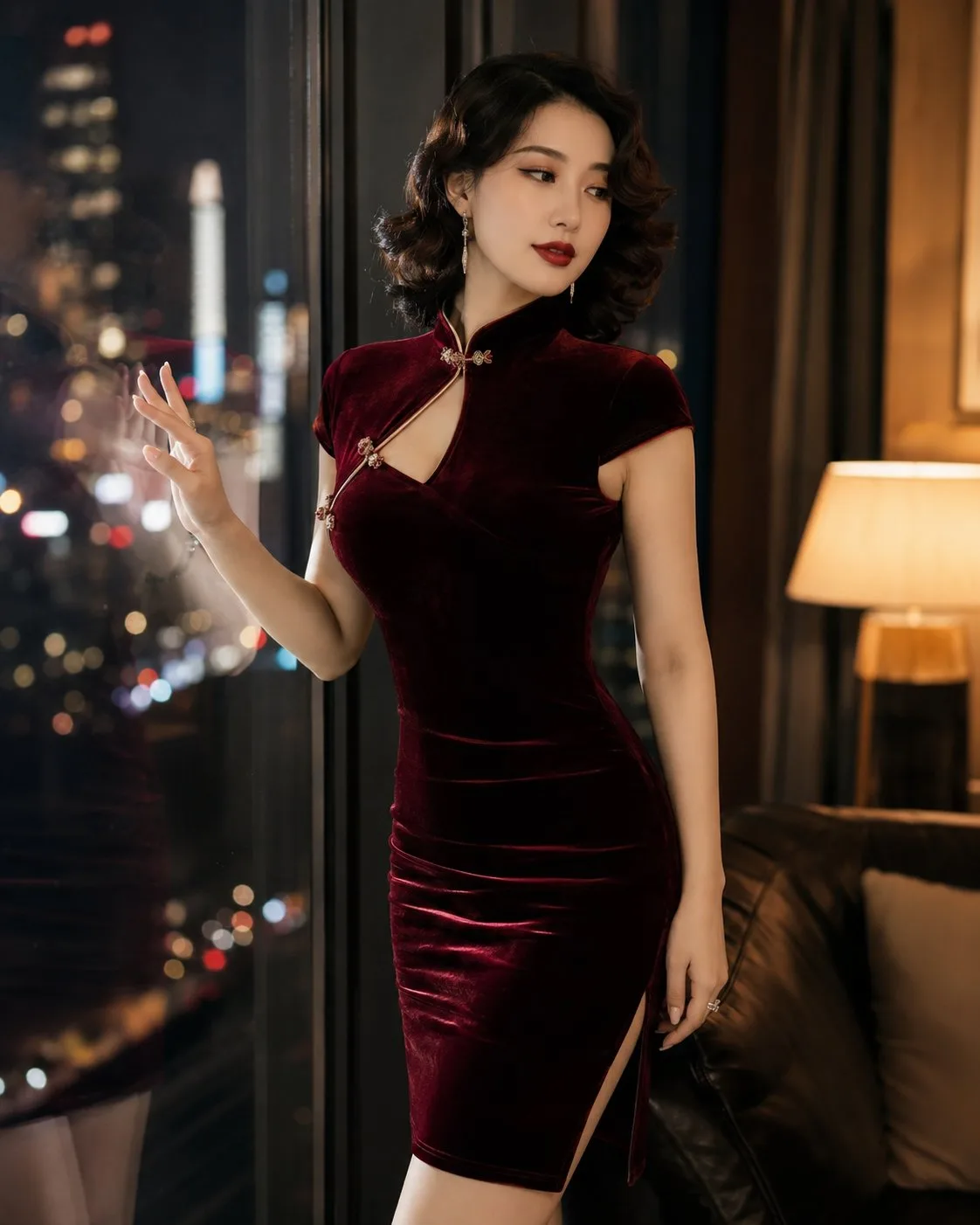 Gorgeous east asian woman burgundy velvet cheongsam city night — After