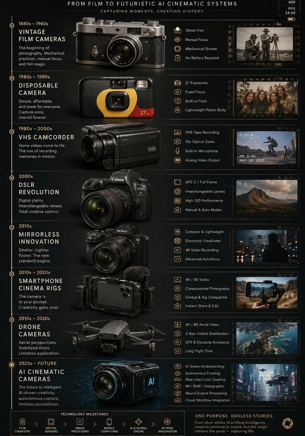 Camera evolution vintage to ai cinematic infographic — Sonra