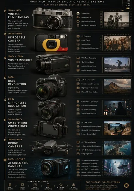 Camera evolution vintage to ai cinematic infographic