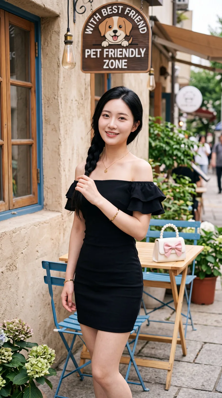 East asian woman black mini dress outdoor cafe portrait — Sonra