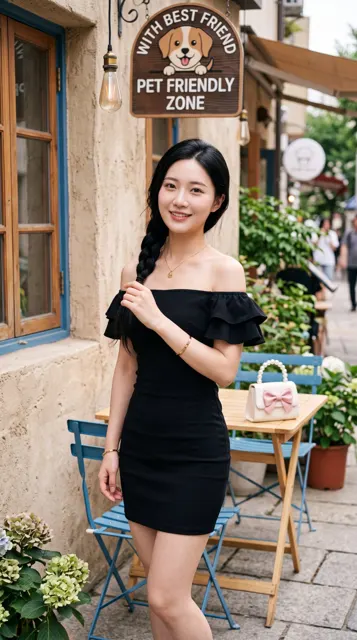 East asian woman black mini dress outdoor cafe portrait