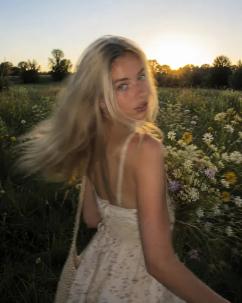 Ultra realistic golden hour wildflower portrait