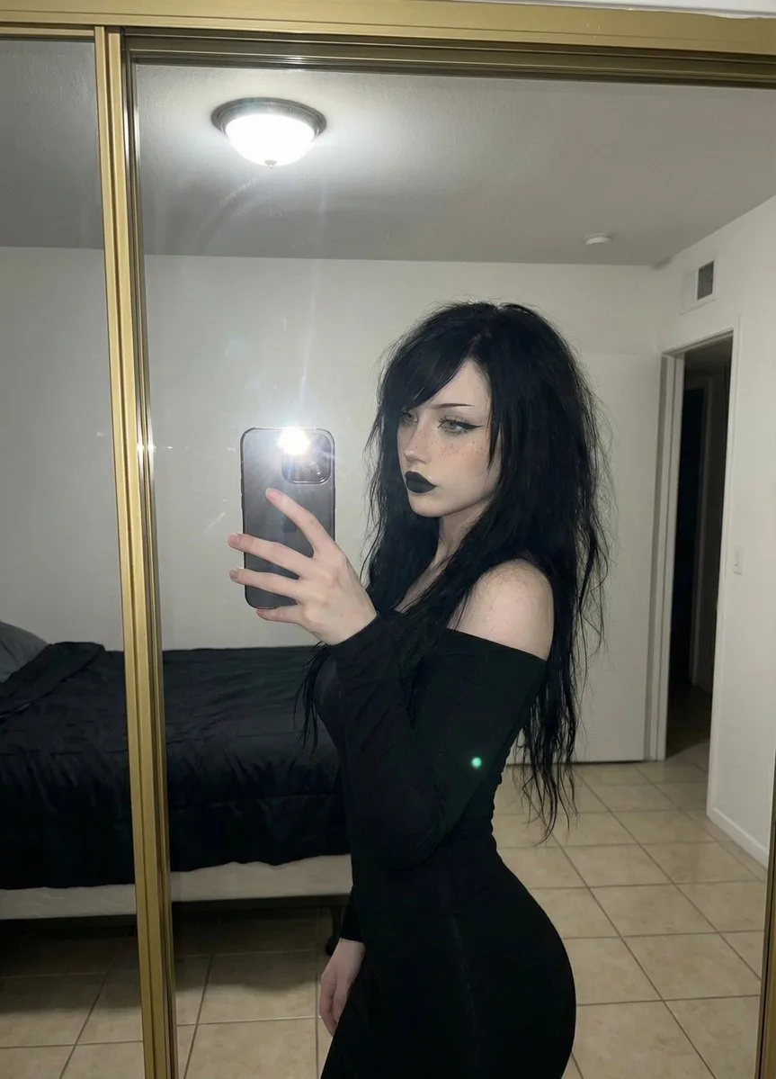 Dark gothic girl mirror flash selfie — After